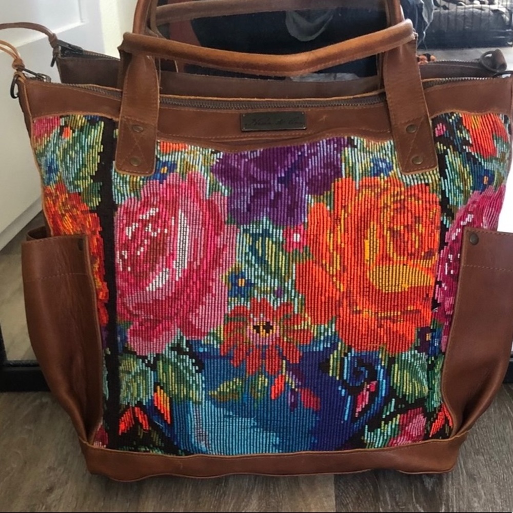 Nena & co beautiful floral full size bag leather huipil